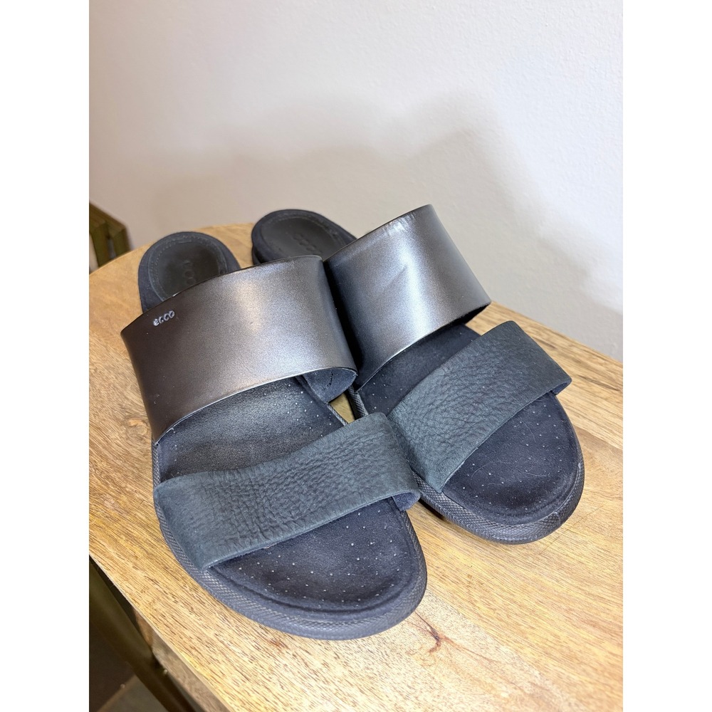 ECCO Black Leather Two Strap Comfort Slide Sandals EU 41 US  Minimalist Scandi